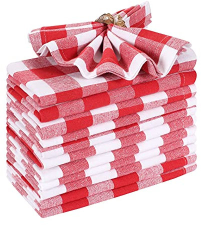 Lot de 12 serviettes de table en tissu Vichy à carreaux - 45,7 x 45,7 cm - Rouge et blanc - Serviettes en tissu - Serviettes en coton, coins en onglet et ourlet généreux
