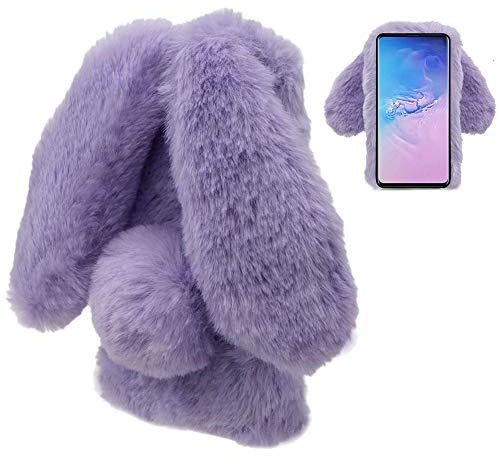 LCHDA Plüsch Hülle für Samsung Galaxy A50 Künstlicher Haar Flauschige Kaninchen Handyhülle Mädchen Süße Hasenohren Fell Niedlich Handytasche Stoßfest Schützend TPU Silikonhüll - Lila