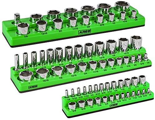 ARES 60037 3 Piece SAE Magnetic Socket Organizer Set Green Includes 1/4, 3/8, 1/2 Socket Holder for 68 Standard (Flat) and Deep Sockets Also Available in Red