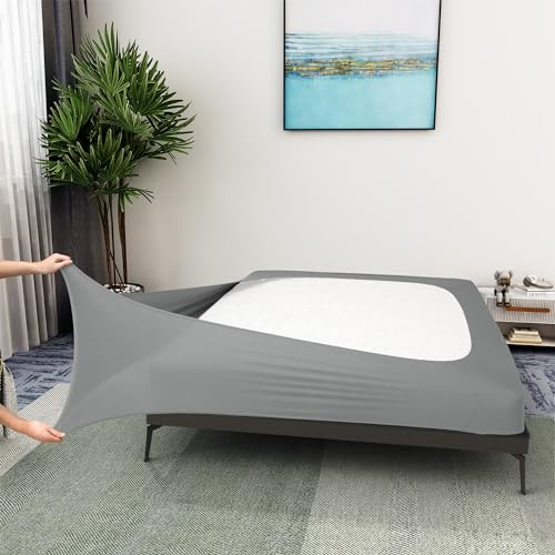 Boxspringbezug, Queen-Size-Größe, Jersey-Strick und dehnbar, 4 Seiten, Bettrock für Hotel und Zuhause, weich und knitterfrei, Queen/Queen XL, Hellgrau