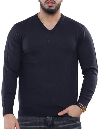 NOROZE Men's Jumper Knit V-Neck Plain Classic Sweater Pullover Knitted Sweatshirt (L, Navy)