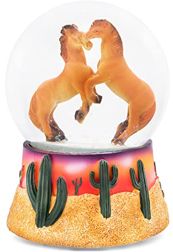 Elanze Designs Verspielte Mustang-Pferde Südwesten Sonnenuntergang Duell Hengste Herde Aufzucht Dun Brumby Bay Kaktus Sand Wüste West 100 mm Musik-Glitzer-Schneekugel spielt Melodie Born Free