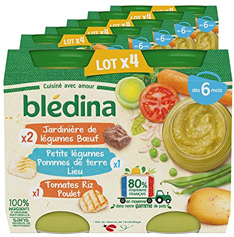 Blédina Petits Pots pour bébé, Dès 6 Mois, Tomates Riz Poulet / Légumes Pommes de terre Lieu / Légumes Bœuf, 24x200g (6 packs)