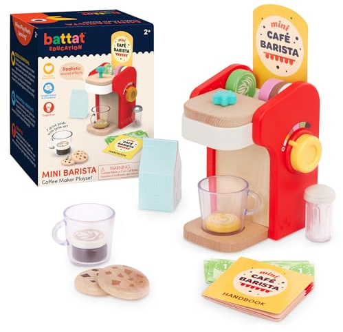 Battat Education - Jouet Mini Barista en bois - Jouet Cafetière espresso et accessoires avec sons - 22 pièces - Jouet de simulation - Accessoire de cafe - 2 ans Plus