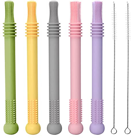 Purphy Baby Beißring, Baby Kauen Spielzeug, 5 Weiches Silikon Beißröhrchen bei Zähnen für Baby 0-12 Monate Mit 2 Stück Reinigungsbürste, BPA-frei Sinnesspielzeug für Babys Kleinkinder