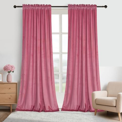 Roslynwood Candy Pink Velvet Curtains 84 inch - Room Darkening Window Drapes Thermal Insulation Rod Pocket Noise Reduction Panels for Dining Room/Bedroom, Candy Pink, W52 x L84, 2 Panels