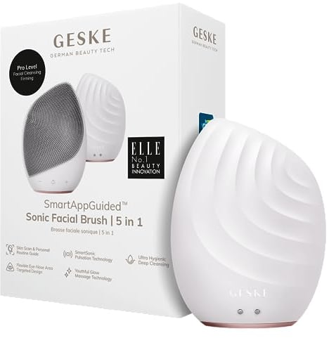 GESKE | Cepillo facial SmartAppGuided™ 5 en 1 | Cepillo de limpieza facial eléctrico | Cepillo de silicona suave | Limpieza facial profesional | Dispositivo de limpieza facial | masajeador facial