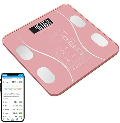 Körperfettwaage mit Bluetooth, Smart Digital Personenwaagen, BMI Körperwaage mit Auto Kalibrierung, USB Wiederaufladbare Körperanalysewaage (Rosa)