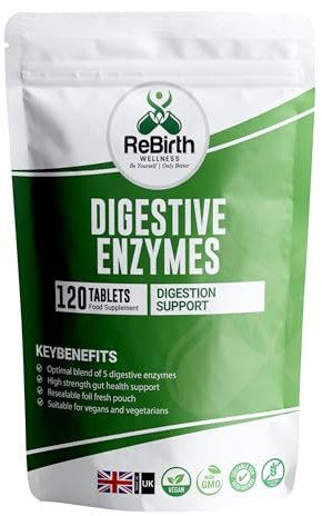Digestive Enzyme Supplements - 120 Tablets for Optimal Gut Health - Contains DigeZyme, Lactase, Protease - Promotes Healthy Digestion, Essential Digestive Enzymes - UK Made, Vegan