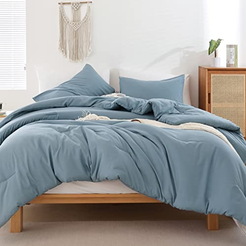 ROSGONIA Set copripiumino per letto queen size, 3 pezzi (1 piumino e 2 federe), grigio blu, set di biancheria da letto in microfibra, morbido, caldo e leggero, per tutte le stagioni