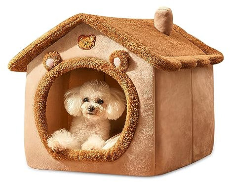 ALLSOPETS Hundehaus für Drinnen, Faltbare Hundehöhle und Katzenhöhle, Warmes und Gemütliches Hundehaus Indoor, Waschbares Haustierbett mit Abnehmbarem Kissen (Braun, L)