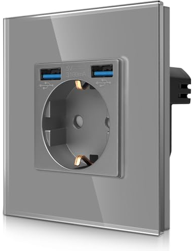 CNBINGO Einzelsteckdose mit 2× USB Anschluss (2 Typ-A total Max.2,1 Amp) - Einfach Glas Schuko Steckdose Unterputz - Grau Wandsteckdose mit Kindersicherung