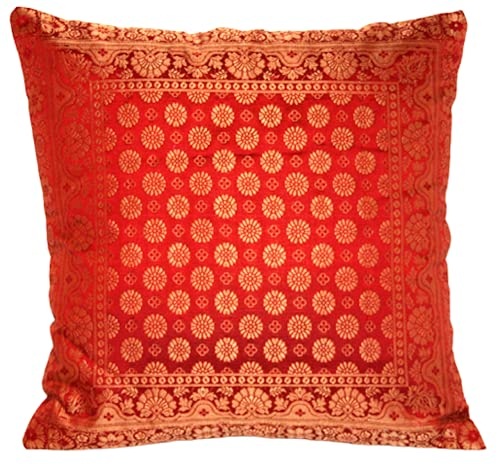 Indische Banarasi Seide Kissenbezug, Zierkissenbezug, Sofakissenbezug, Dekokissen, Zierkissen - 40x40 cm | 16x16 Zoll ***Handgewebt und Handgefertigt aus Kaschmir-Indien*** (Rost)