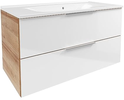 B.Brillant Waschbeckenunterschrank – inklusive weißem Waschbecken aus Gussmarmor – Hängend und Front aus lackiertem Glas – Badschrank in Weiß & Eiche (100 x 56 x 50 cm)