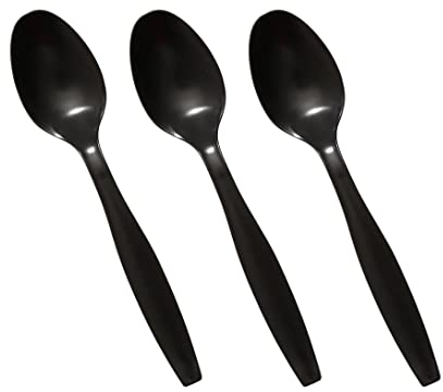 Venuscello® 100 x Black Spoons Plastic Cutlery Set - Reusable & Washable Heavy Duty Cutlery Long Tablespoon - Ideal for Birthday, Parties, Camping & Catering
