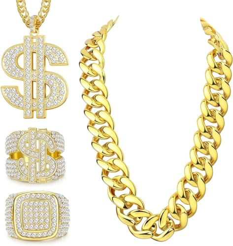 Diamday 4PCS 80er/90er Jahre Hip Hop Kostüme Outfits für Damen Herren Rapper Falsche Goldkette Dollarzeichen Halskette Dollarzeichen Fingerring DJ Punk Iced Out Ring Hippie Kostüm Kit Rapper Zubehör