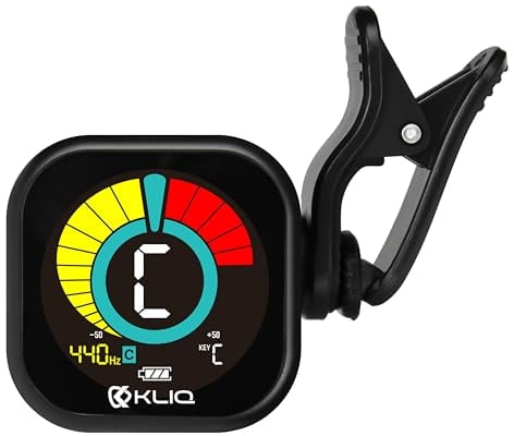 KLIQ UberTuner PDQ - Wiederaufladbares professionelles Clip-On-Stimmgerät für alle Instrumente - mit Gitarre, Ukulele, Violine, Bass & Chromatische Stimmmodi, Schwarz (auch für Mandoline und Banjo)