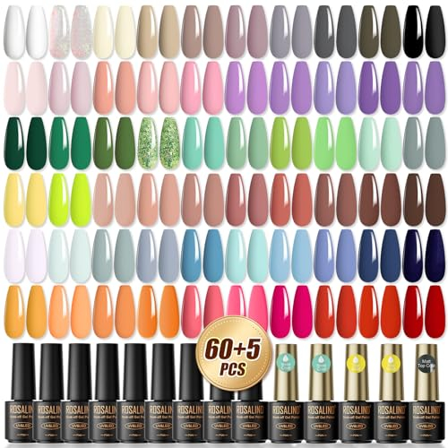 ROSALIND 65Pz Smalto Semipermanente per Unghie, 60 Colori Mini Bianco Argento Grigio Viola Verde Arancione Glitter Smalto Semipermanente Unghie,Soak-Off UV per Novice Nail Art DIY