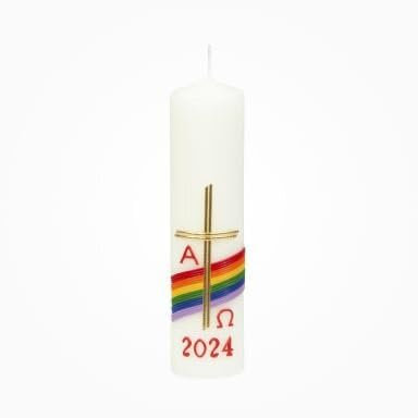 Hausosterkerze, Ostertischkerze 200 x Ø 50 mm Kreuz, Regenbogen mit aktueller Jahreszahl (Wachsauflage)