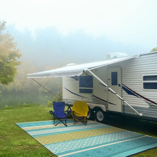 Green Decore Reversible Recycled Plastic Camping and Picnic Rugs | Perfect for Garden, Patio, Picnic, Decking | Stain And Water Resistant | Prime Turquoise Blue/Green 180 x 270 cm