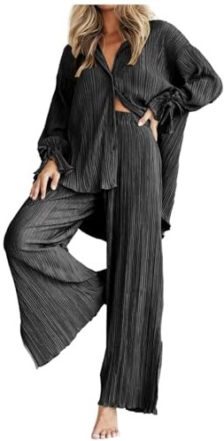 Damen Set Zweiteiler Musselin Casual Outfits Revers Langarm Button Down Shirt Hohe Taille Lange Hosen Damen 2 Stück Loungewear Streetwear Anzüge Weites Plissee Bein Hosenanzüge