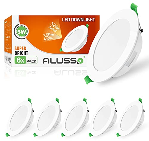 ALUSSO LED Einbaustrahler 230V Flach IP44, 5W LED Spots 350LM, Kaltweiß 6500K LED Einbauleuchten, 30mm Ultra Flach, Einbauspot Loch 75-85mm, LED Deckenspots für Badezimmer Küche Wohnzimmer, 6er Set