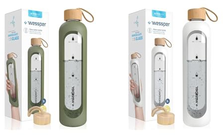 Wessper Bouteille d’eau 1L de Motivation en verre avec temps horaire, Sans BPA, Gourde en verre & Bouteille d’eau 1L de Motivation en verre avec temps horaire, Sans BPA