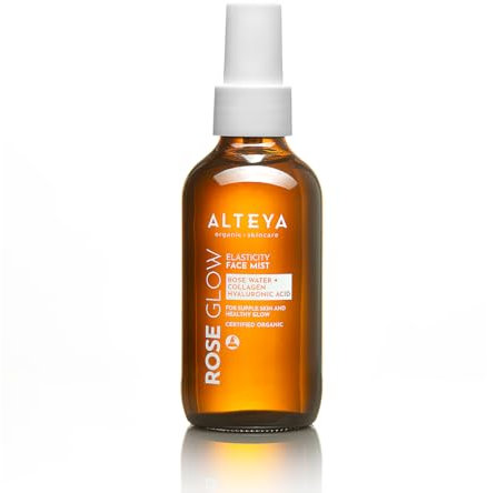 Alteya Organic Rose Glow Elasticity Collagène Visage Mist 120 ml - Tonique bio certifié NaTrue - Eau de rose, acide hyaluronique, collagène marin - Renforce l'élasticité et régénère la peau