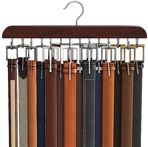 Belt Hanger for Closet, Sturdy Wood Belt Rack Closet Accessories with 14 Hooks Belt Organizer for Closet Organizers and Storage Max 42 Belts-Mahogany 1 Pack