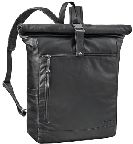 STILORD 'Lutz' Grand Sac a Dos Roll Top Cuir Sac à Dos Homme Travail Voyage Sport Sac à dos Ordinateur 17 pouces Laptop Backpack en Cuir Veritable, Couleur:noir