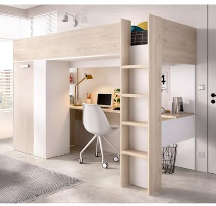 HOCHBETT MIT Schreibtisch UND Schrank Biniki, Weiße Eiche, 205 x 112 x 177 cm, Hochbett mit Schreibtisch und Kleiderschrank für Jugendliche