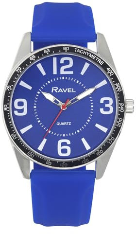 Ravel - Silberfarbene Herrenuhr mit Großen Ziffern und Schwarzem Oberring auf Sportlichem Silikonarmband - Analoges Quarzwerk - RS001.06 - Blau