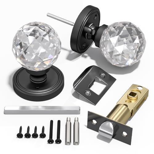 Bwintech 1 Pair Solid Crystal Black Door Knobs, 65mm Palace Style Crystal Interior Door Knobs with Latch and DIY Screw Kit for Bathroom, Bedroom, Hall