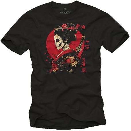 MAKAYA T-Shirt mit Japanischen Schriftzeichen Kanji Geisha Samurai Krieger Japan Style Print Design Schwarz XXXXXL