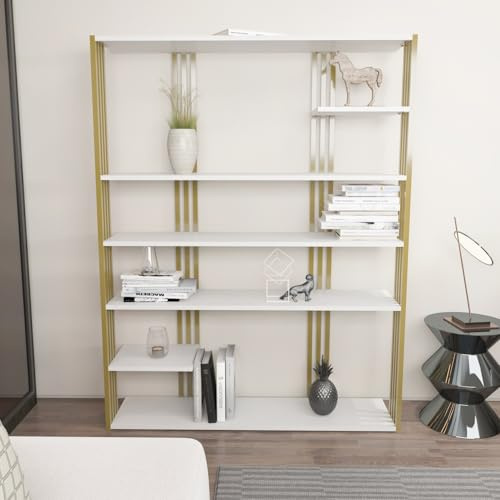 Hanah Home Elegant White & Gold Bookshelf, 120 cm x 160 cm x 29.6 cm | 100% Melamine Coated Particle Board, 18 mm Thick | Stylish Storage for Modern Homes