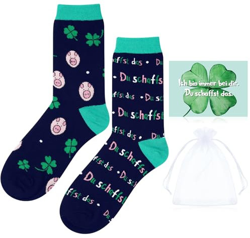 Otuuz Glück Geschenk Set inklusive Du Schaffst Das Glückssocken Lustige Socken Vierblättrig Kleeblatt Postkarte Organzasäckchen Du Schaffst Das Geschenk Glück Glücksbringer(Glücksschwein)