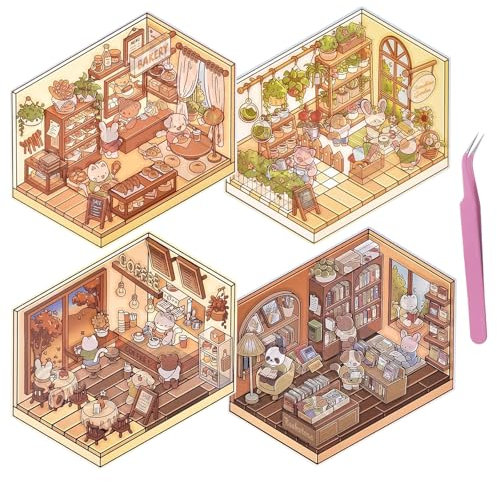 FULHANY 4 Set 3d Sticker,Sticker Scene,House Stickers,Gestalten Sie Ihren Eigenen Blumenraum,Ihr Eigenes Café,Ihren Eigenen Buchladen Oder Ihre Eigene BäCkerei