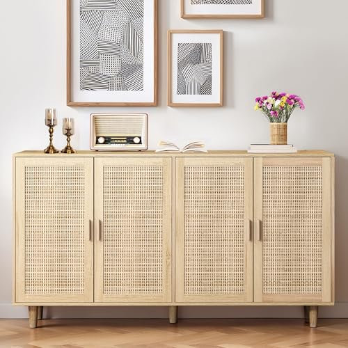 Sideboard mit verstellbaren Ablagen, Modernen Kommode mit 4 Türen, Rattan TV-Tisch mit viel Stauraum für Esszimmer, Wohnzimmer & Schlafzimmer, 158x40x88cm, Easy Assembly Holzfarbe (Holzfarbe)