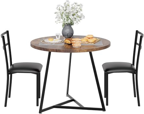 Salutmeuble Juego de mesa de comedor redonda para 2, juego de mesa y silla de cocina de 3 piezas, pequeña mesa de comedor con 2 sillas acolchadas, grupos de comedor que ahorran espacio para espacios