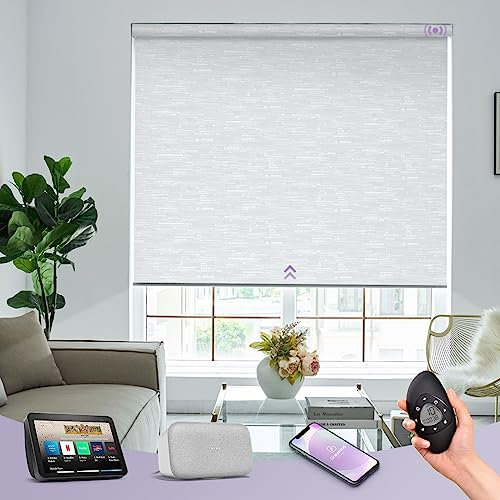Rechargeable Electric Roller Shades Custom Textured Fabric Blackout Smart Window Blinds Alexa & Google Compatible Motorized Privacy Roller with Remote White