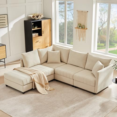 Merax Ecksofa Modulares 5-Sitzer Sofa mit multifunktionalem Fußhocker (L/U-Form), Atmungsaktive Baumwolle-Leinen-Kombi, Modernes Vertikalstreifen-Design Premium Komfort, Raumsparend & Wandelbar, Beige