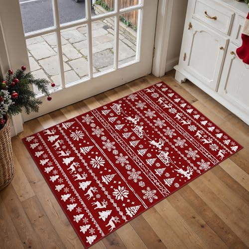PureCozy Weihnachtsteppich fußmatte, Weihnachtsroter Waschbar rutschfest Teppich Weihnachtsdeko für Wohnzimmer Läufer Küche Kinderzimmer Eingangsbereich REH Weihnachtsmann, Kurzflor Carpet 60 x 90 cm