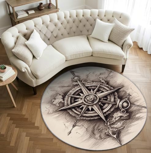 AevuCub Kompass Teppich Rund 150cm Kinderzimmer - Waschbare Teppiche Wohnzimmer Vintage Nautisch Maritim - Runder Teppich 150 Durchmesser - Bettvorleger Schlafzimmer rutschfest Weich