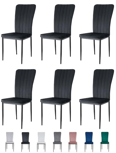 mcc direct Set of 6 Dining Chairs, Velvet High Back Kitchen Chairs with Upholstered Soft Seat and Metal Legs for Home, Office, Dining and Reception - Elle (Black)
