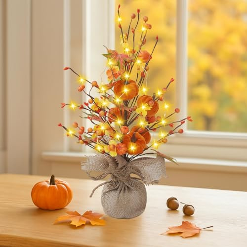 Herbstdeko Lichterbaum Ahornblatt Kürbis, Herbst Tischdeko Kunstblumen Kürbisse mit 2m LED Lichterkette, Herbst Künstliche Blumen im Topf, Herbstblumen Ornamente für Erntedankfest Tisch Innen (D)