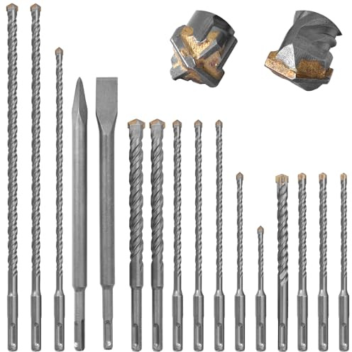 CYLBAQ SDS Plus Drill Bit Set, SDS-Plus Rotary Hammer Drill Bits, Masonry Bits + Cross Drill Bits(4 Cutting Edges) and Chisel Set, Concrete Drill with Carbide Tip for Brick Wall,Concrete,Stone,Cement