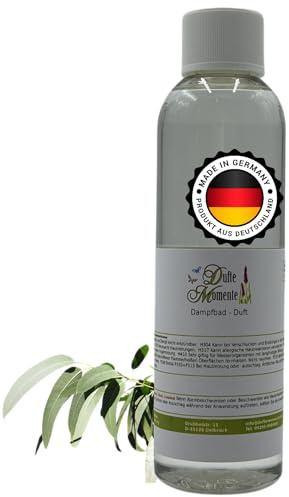Dufte Momente Dampfbad Duftkonzentrat Eukalyptus 250ml – klarer Wellnessduft mit naturreinem ätherischem Eukalyptusöl – für Dampfbäder, Verdampferanlagen & Dampfduschen – vegan, Made in Germany