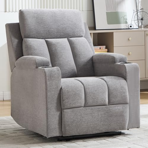 Simore Relaxsessel mit Liegefunktion, Fernsehsessel Manueller TV-Sessel | mit Getränkehalter, mit Fußstütze und weicher Kopfstütze, bis 150 kg Belastbar, Schlafsessel für Wohnzimmer, Hellgrau