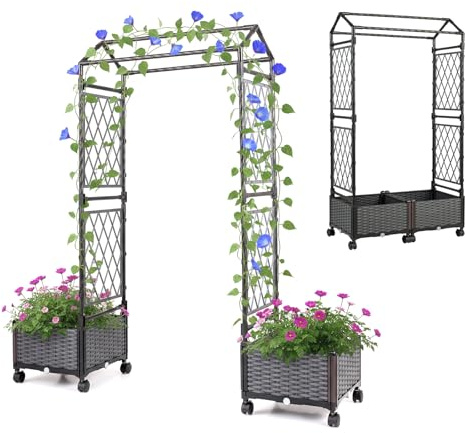 COSTWAY Blumenkasten mit Rankgitter & hängendem Dach, 163 cm, 2 in 1 Rosenbogen mit 2 Pflanzkästen, Gartenbogen auf Rollen, Metall & PP-Rattan, Rankkasten mit Spalier, für Kletterpflanzen (Grau)