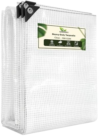 GARDENIX Tarpaulin 6m x 10m Clear White Crystal Heavy Duty 100gsm Waterproof Transparent Tarp Sheet Cover with Mesh Support, Groundsheet Multipurpose Reinforced